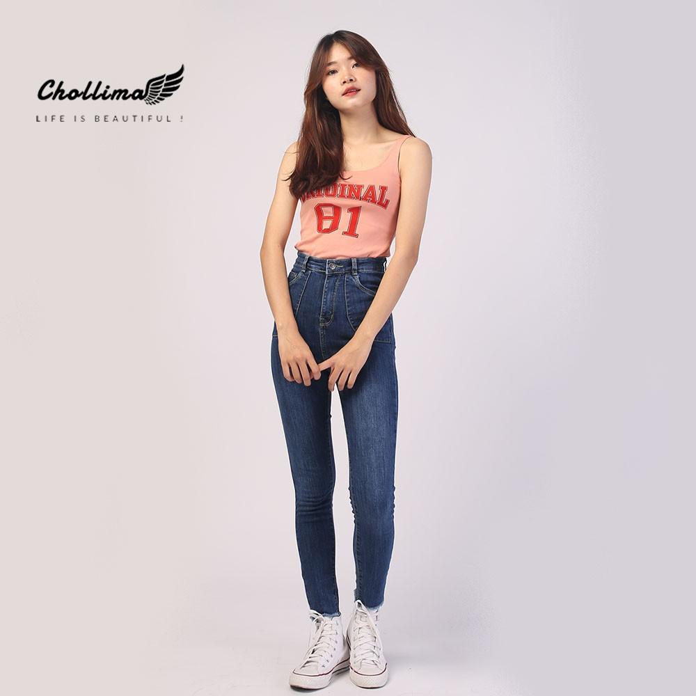 Quần jeans nữ co giãn Chollima cạp siêu cao đắp 2 túi tròn – quần bò nữ cạp siêu cao