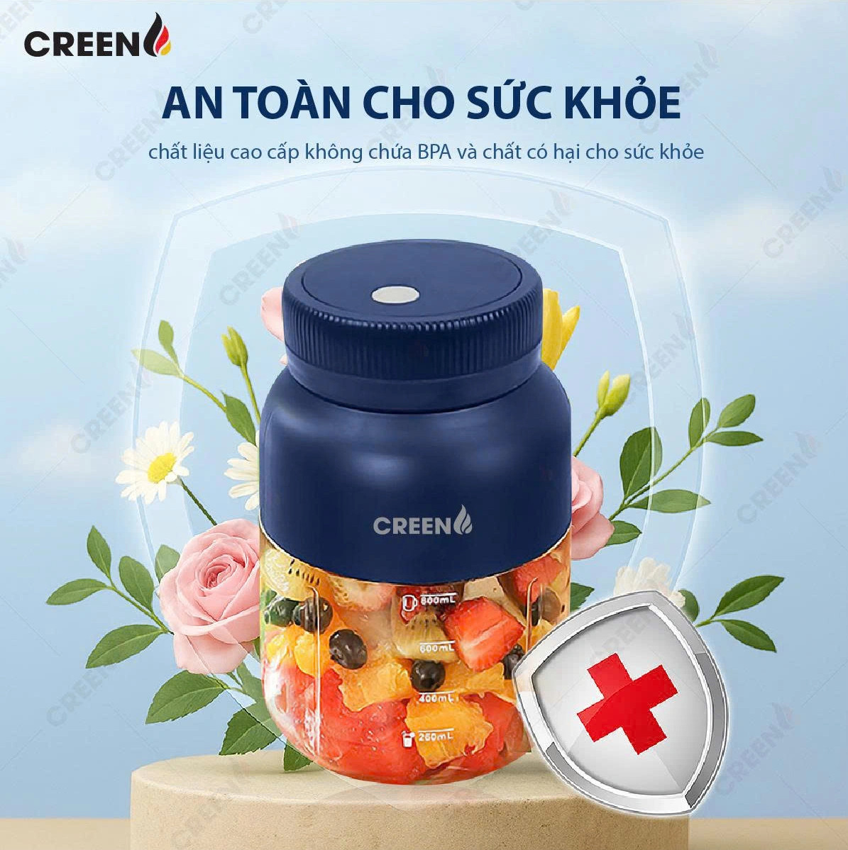 Máy Xay Sinh Tố Cầm Tay CREEN CR-BL800, Dung tích 800ml 80W, Pin Lithium 3000mAh, Lưỡi Kép 38 Cánh - Hàng Chính Hãng