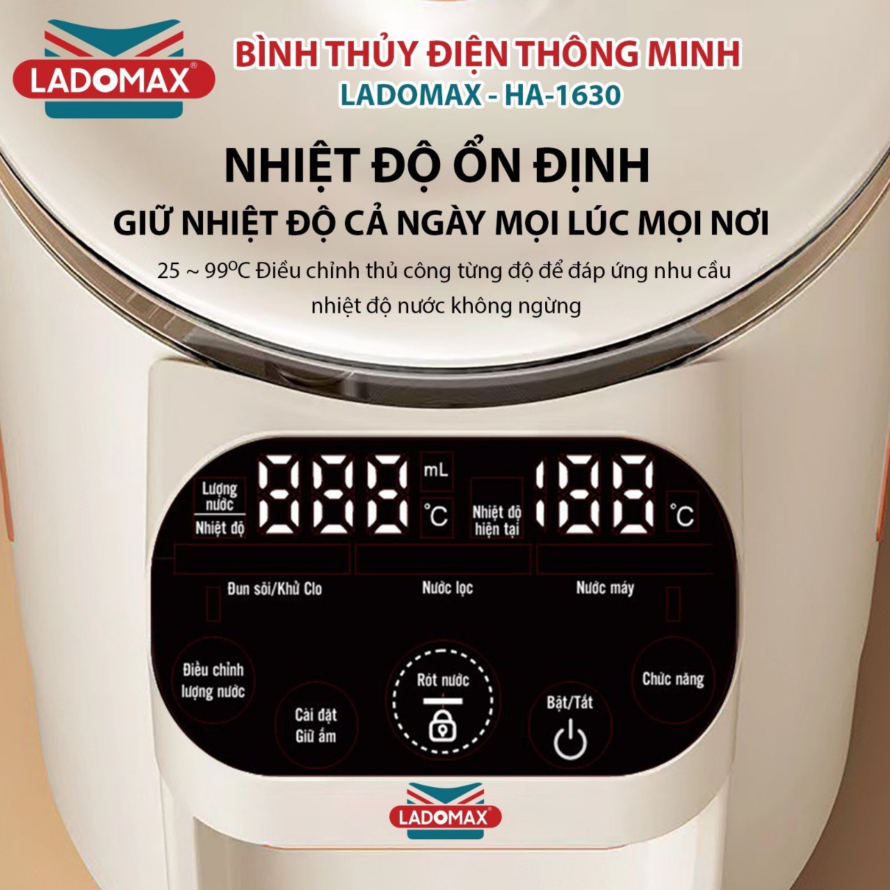 Ấm siêu tốc thông minh điều chỉnh nhiệt độ Ladomax HA1630, dung tích 3L, chế độ Đun Sôi Khử Clo, Hàng chính hãng