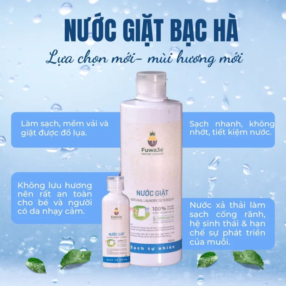 Nước giặt hữu cơ Fuwa3e chuyên giặt lụa hương bạc hà 500ml an toàn cho bé