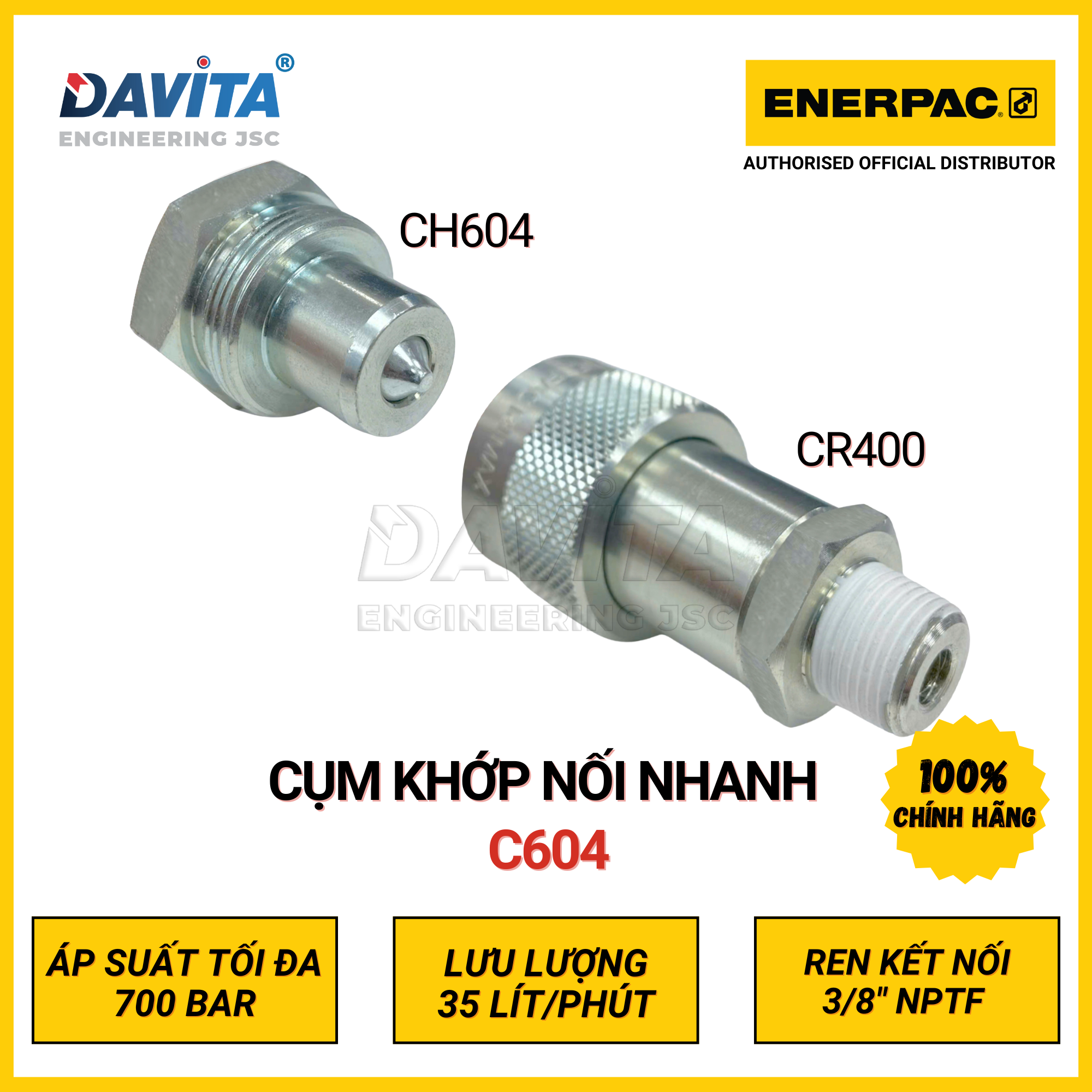 C604 Cụm khớp nối nhanh đường dầu thủy lực áp tối đa 700bar, ren 3/8&quot; NPTF, Bao gồm C604 = CH604+CR400