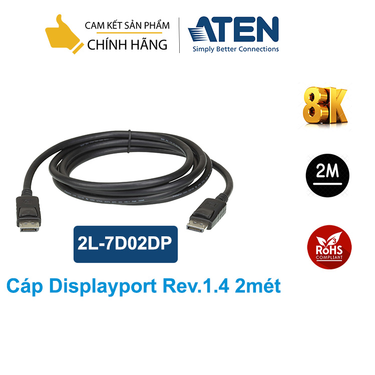 Cáp Displayport 1.4 2m- Aten 2L-7D02DP hỗ trợ 8k@60Hz - Hàng chính hãng