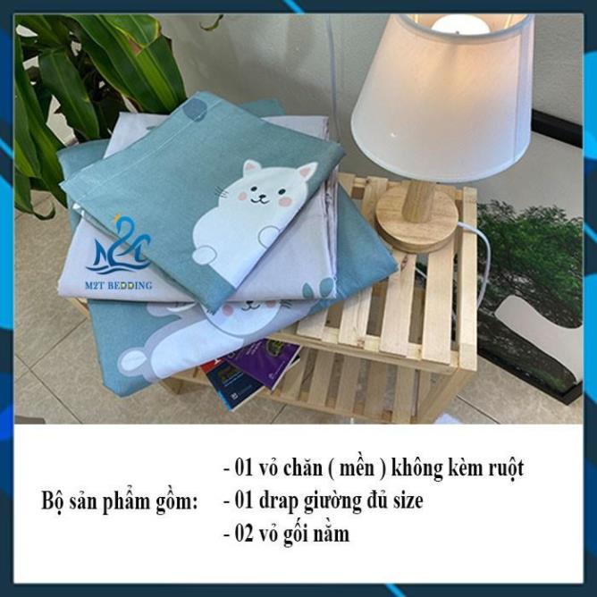 Bộ chăn ga gối Cotton Poly bedding Mèo lười, vỏ chăn mền, drap giường và 2 vỏ gối