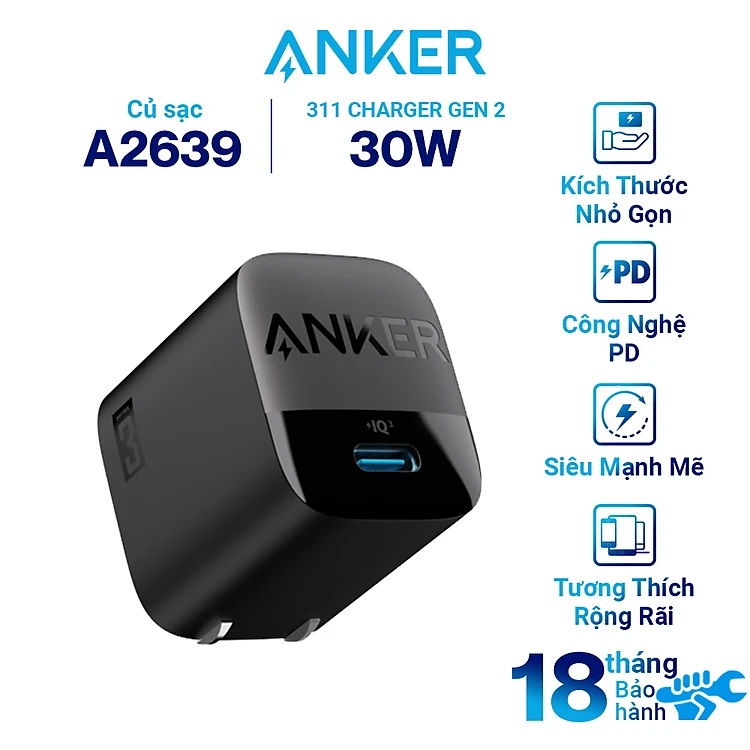 Cốc Sạc Nhanh ANKER 313/311 GEN 2 30W 1 Cổng USB-C PiQ 3.0 tích hợp PD/PPS - ANKER A2639 - Hỗ Trợ Sạc Nhanh Cho Iphone