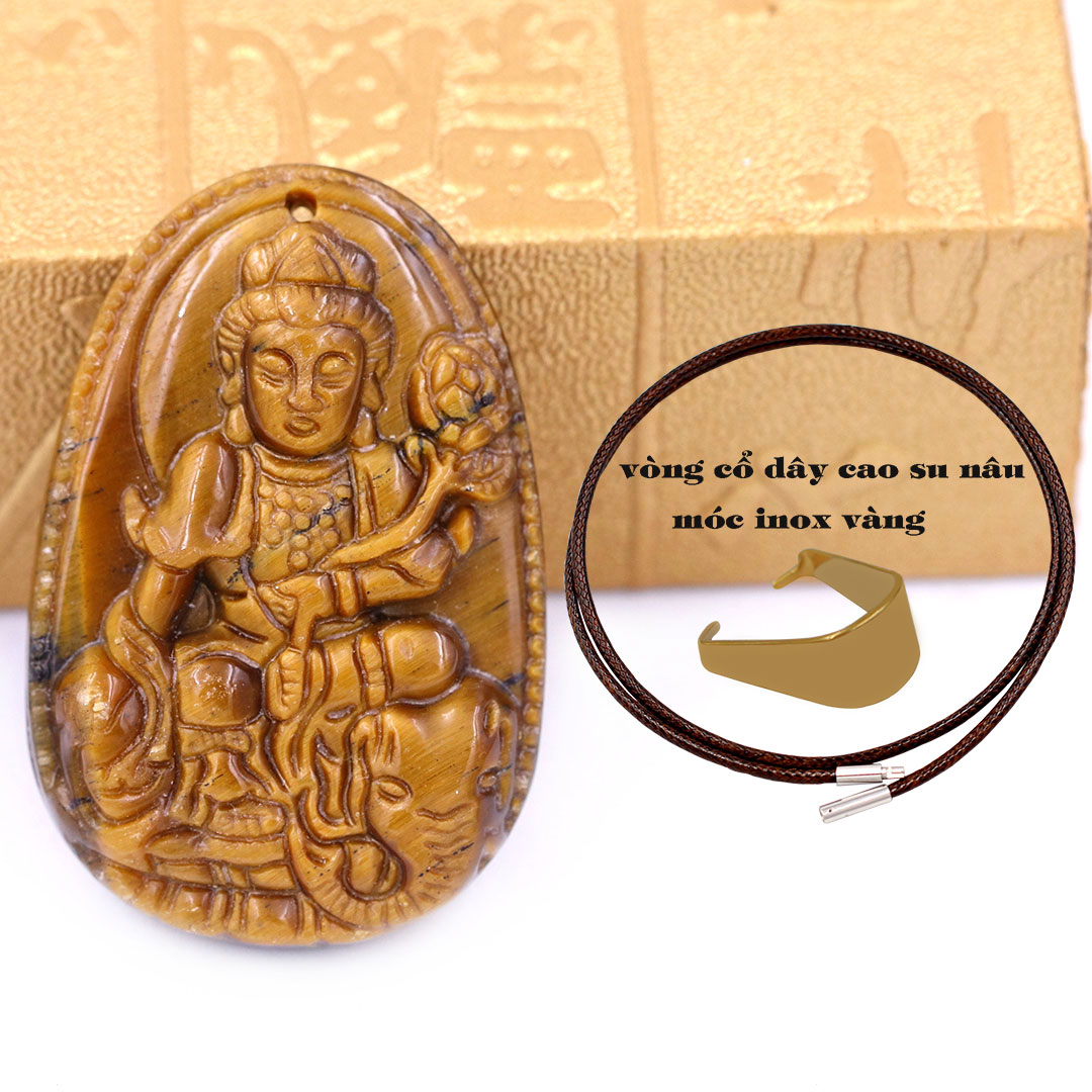 Mặt Phật Phổ hiền đá mắt hổ 3.6 cm kèm móc và vòng cổ dây cao su nâu, Mặt Phật bản mệnh