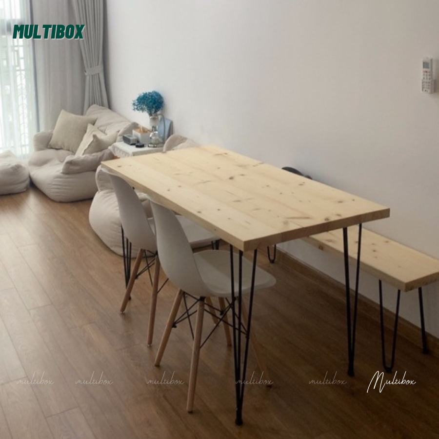 Bàn làm việc màu gỗ tự nhiên gỗ Thông nhập khẩu Multibox, bàn học chân sắt mặt bàn dày dặn và vân gỗ nổi