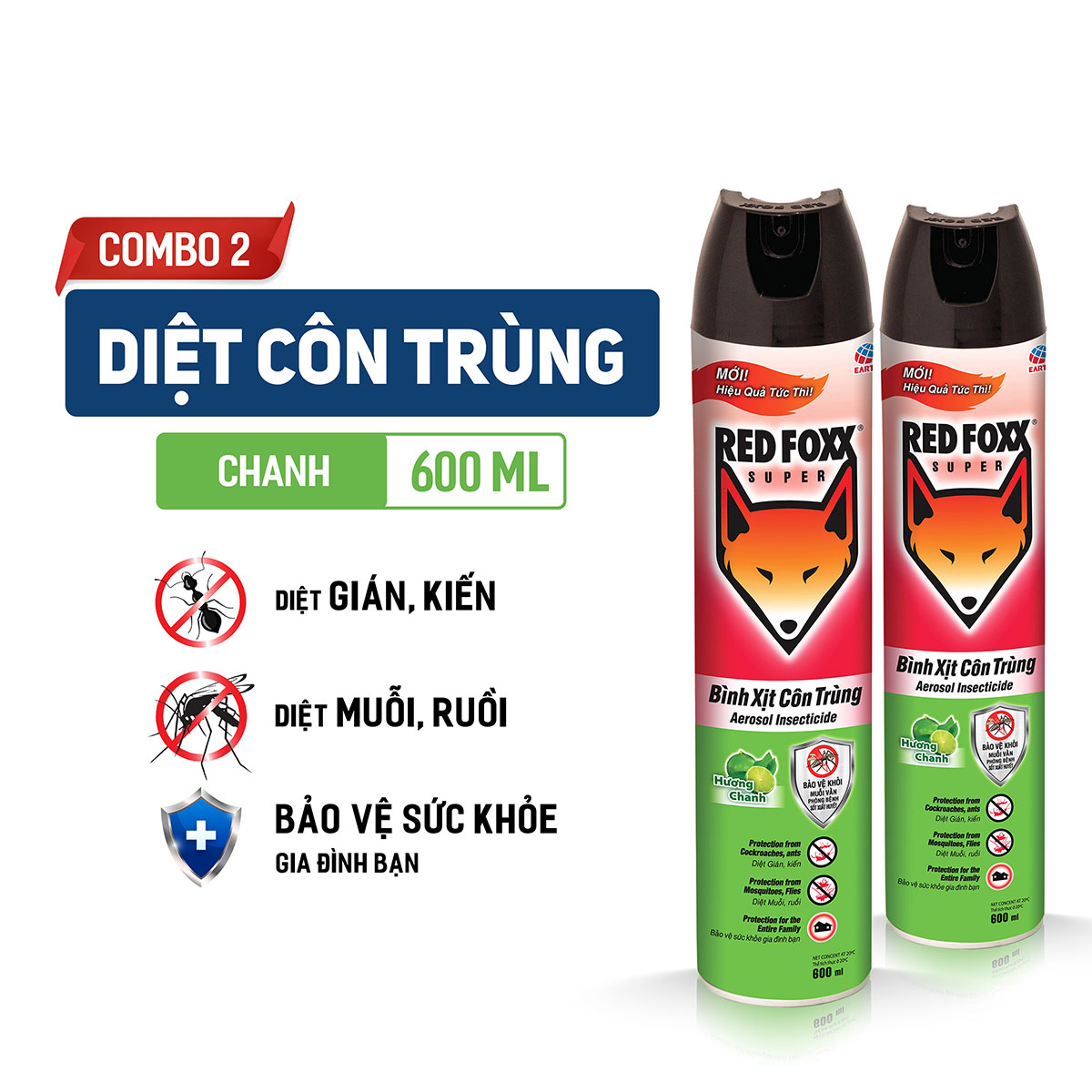 Combo 2 Xịt côn trùng Red Foxx Power Hương Chanh 600ml