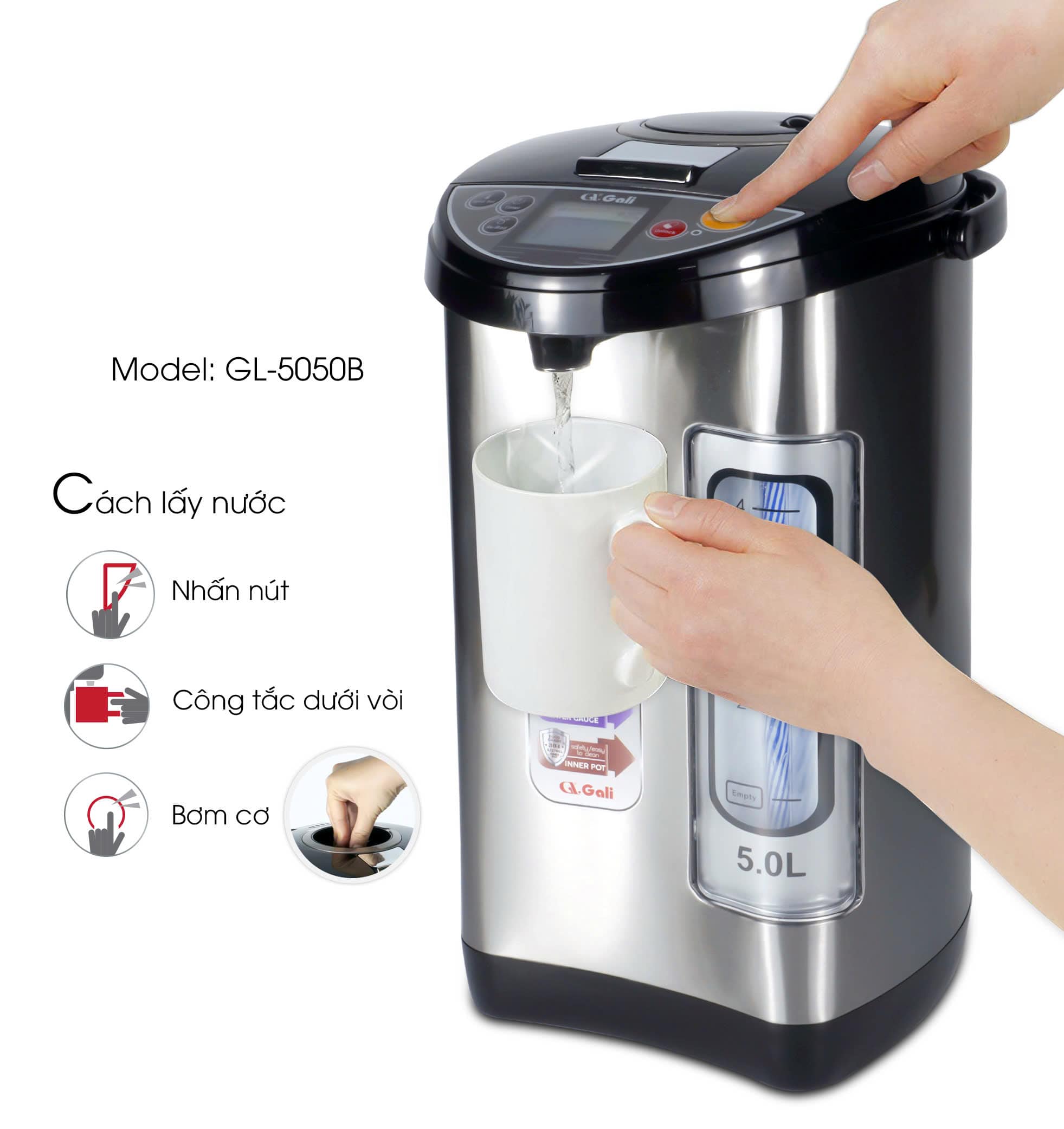 Bình Thuỷ Điện Gali GL-5050B Dung tích 5L nhỏ gọn, Thân bằng nhựa nguyên sinh cao cấp, lòng trong bằng Inox 304 dày chất lượng. Hàng chính hãng chất lượng cao bảo hành 24 tháng.