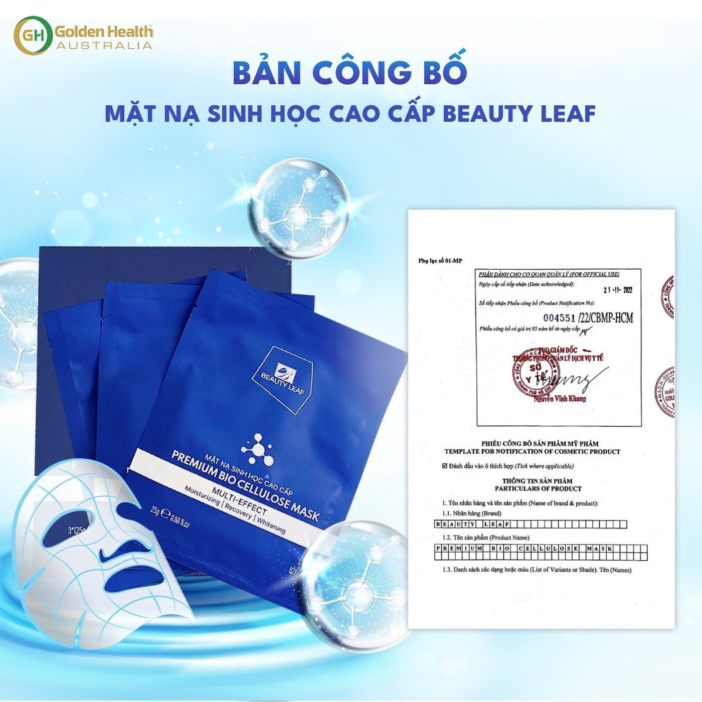 Mặt Nạ Sinh Học Cao Cấp Premium Bio Cellulose Mask Beauty Leaf (set 3 miếng/hộp) Hỗ Trợ Làm Giảm Thâm Nám, Tàn Nhang, Vết Chân Chim, Nếp Nhăn, Giúp Da Căng Bóng, Mịn Màng