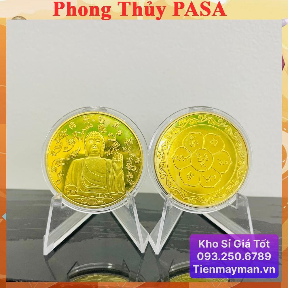 Đồng xu hình Phật A Di Đà Phong thủy tài lộc may mắn, mẫu NGỒI, tặng túi gấm đỏ, Tiền lì xì tết 2023 , NELI