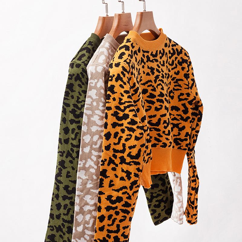 Women Knitted Sweater Crop Top Leopard O Neck Long Sleeves Loose Pullovers Autumn Winter Casual Knitting Top