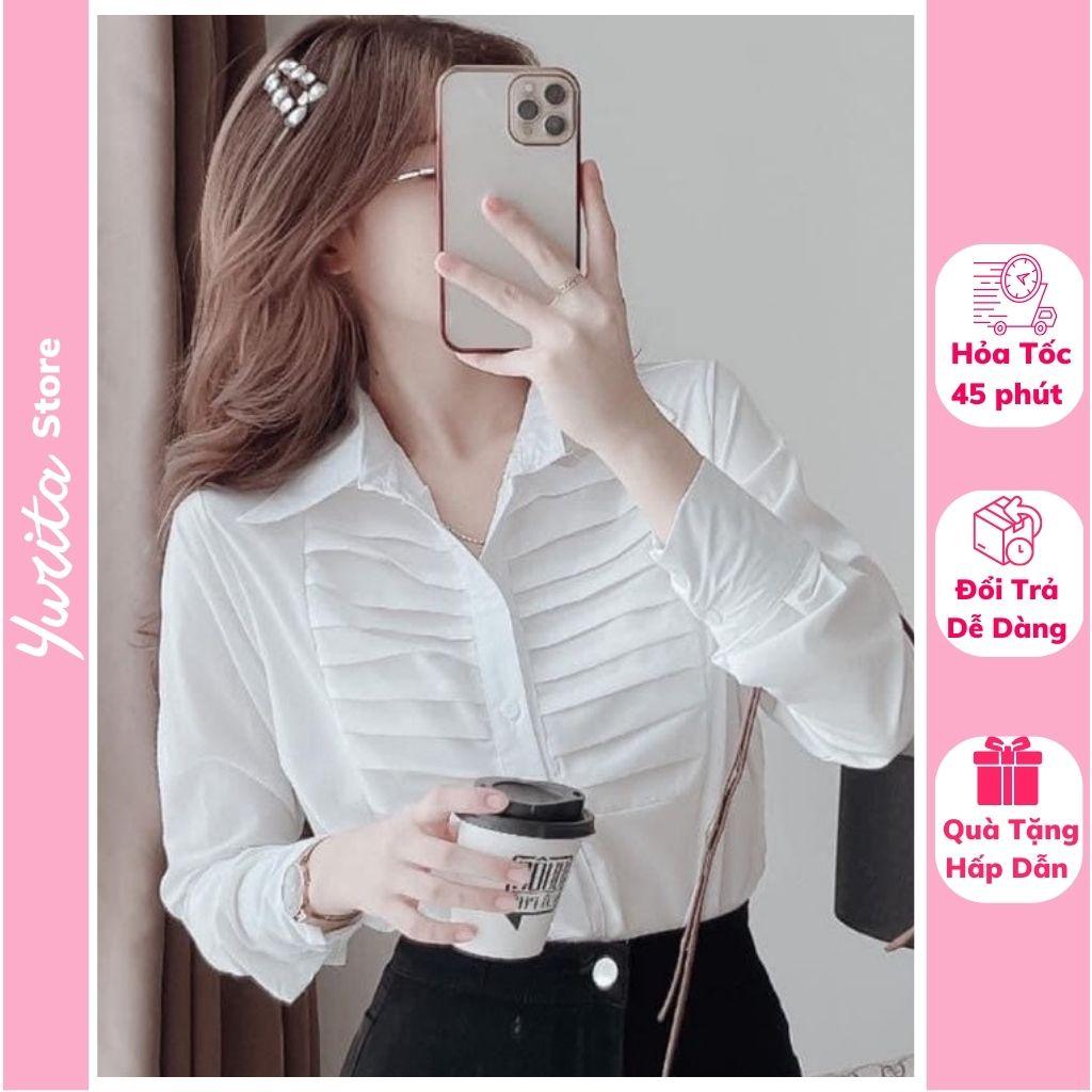 Áo Sơ Mi Trắng Kiểu Xếp Ly Ngực Hàng Đep Kiểu Công Sở YURITA Sơmi Tay Dài Cao Cấp Hàn Quốc Vintage Tiểu Thư