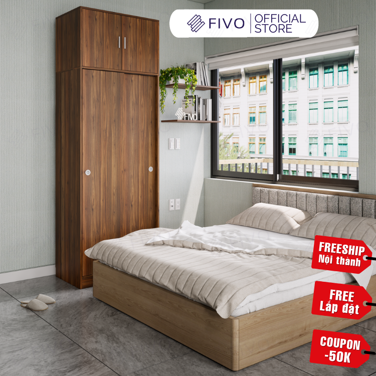 Tủ Áo Quần Cửa Lùa Sang Trọng Gỗ MDF Lõi Xanh Chống Ẩm FC31 FIVO Màu Walnut Ấm Cúng Cho Phòng Ngủ, Thiết Kế Rộng Rãi