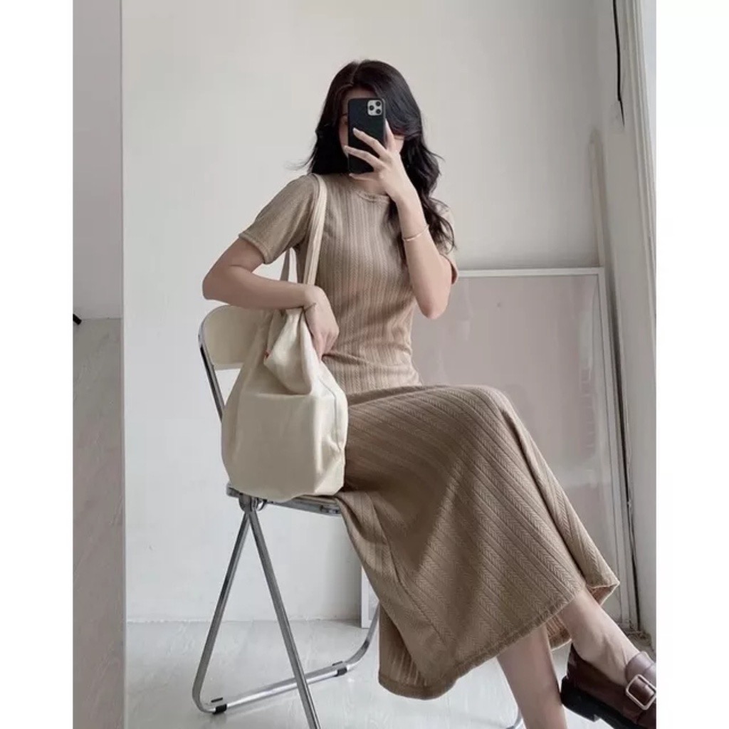 Vây thun len midi hoạ tiết xương cá váy thun basic