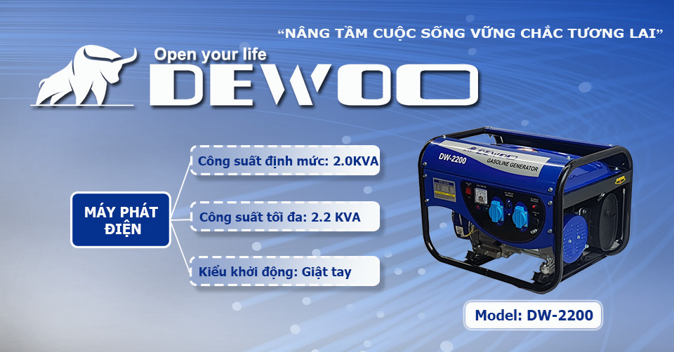 MÁY PHÁT ĐIỆN GIA ĐÌNH 100% DÂY ĐỒNG  DEWOO DW-2200 (2-2.2KW) - HÀNG CHÍNH HÃNG