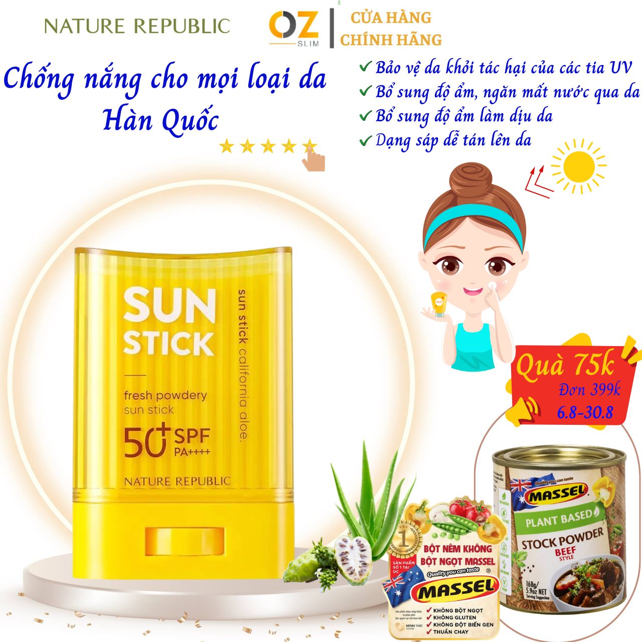 Sáp chống nắng cho mọi loại da Hàn Quốc Nature Republic California Aloe Fresh Powdery Sun Stick SPF50+PA+++