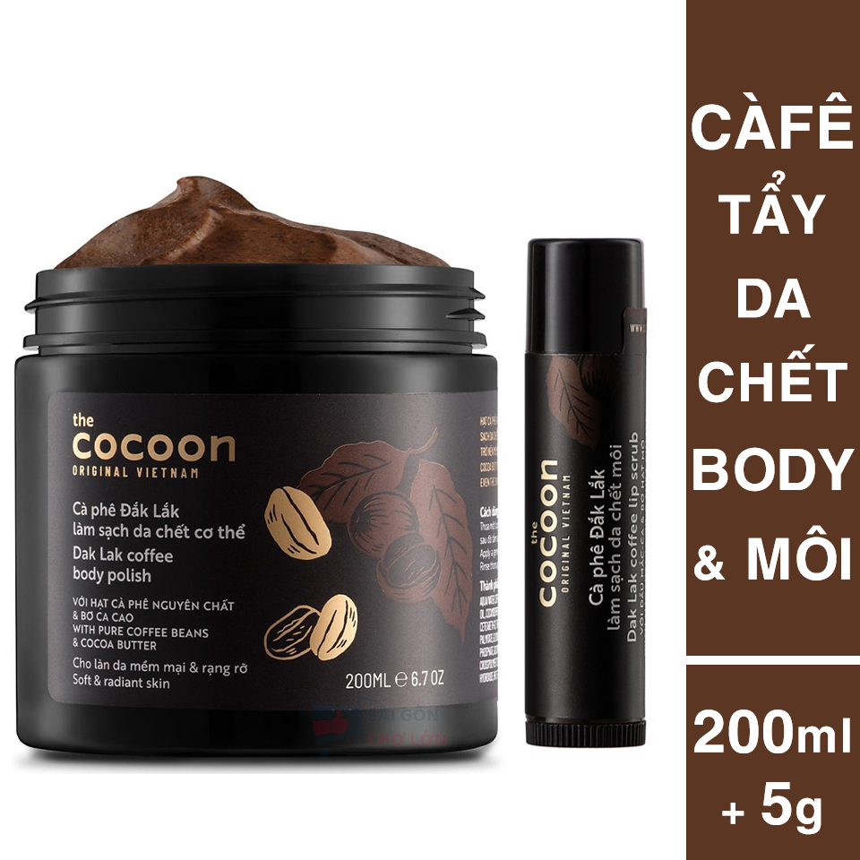 Combo Cà phê đắk lắk Tẩy da chết body cocoon 200ml + Son tẩy da chết môi cocoon 5g