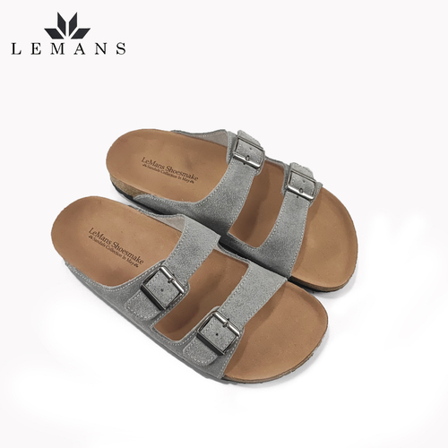 Dép Da Nubuck xám Đế Trấu Quai Ngang LEMANS May Sandals - Grey. Đế 2.5cm Quai điều chỉnh Da bò cao cấp. Bảo hành 6 tháng