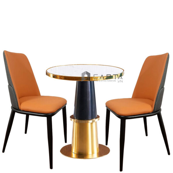 Bộ bàn ghế sảnh tiếp khách chân mạ màu vàng Bộ bàn tròn mặt đá 2 ghế có nệm hiện đại HCM SL BEACON-06EC / ECO 14A
