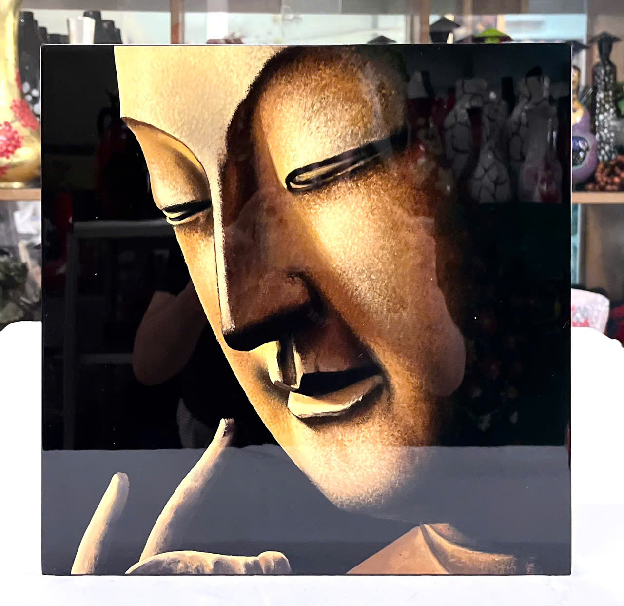 Tranh sơn mài vẽ tay Tượng Phật cao cấp Thanh Bình Lê size 38x38 cm treo tường, trang trí nhà cửa, văn phòng, quà tặng