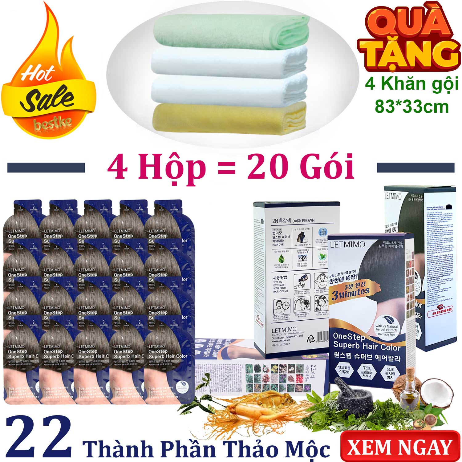 Bộ 4 Hộp = 20 gói màu nhuộm tóc LETMIMO màu Nâu Đen_2N, 22 loại thảo mộc + QUÀ TẶNG 4 khăn gội bestke 100% cotton 83*33cm