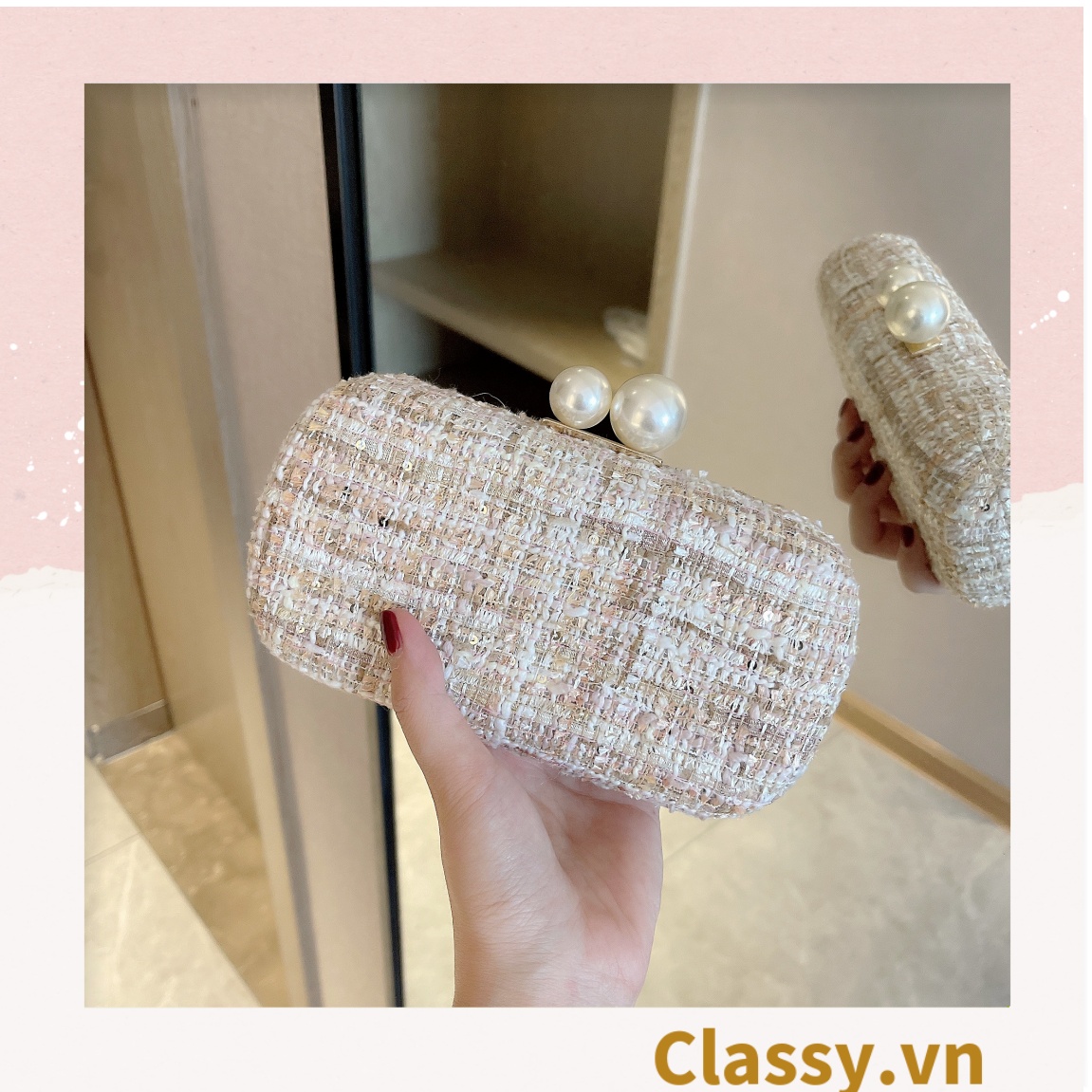 Clutch cầm tay đi tiệc màu be, vải tuýt sang trọng T312