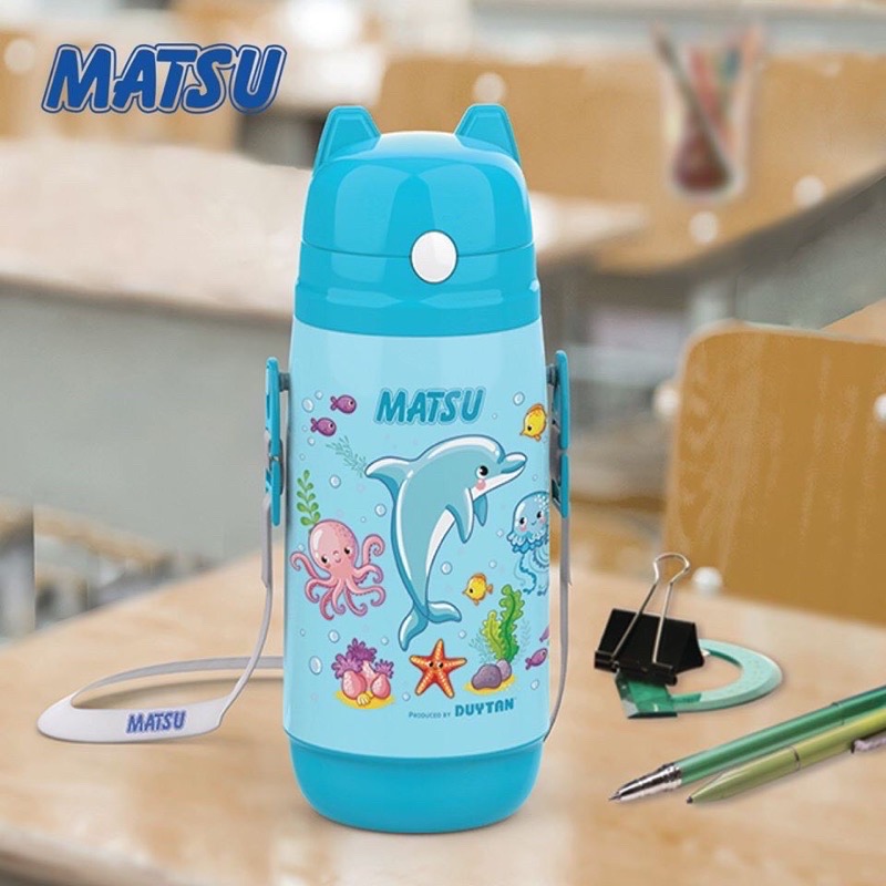 Bình Nước Học Sinh MATSU 400ml Nhựa Có Ống Hút Tặng Dây Đeo Bé Trai Bé Gái