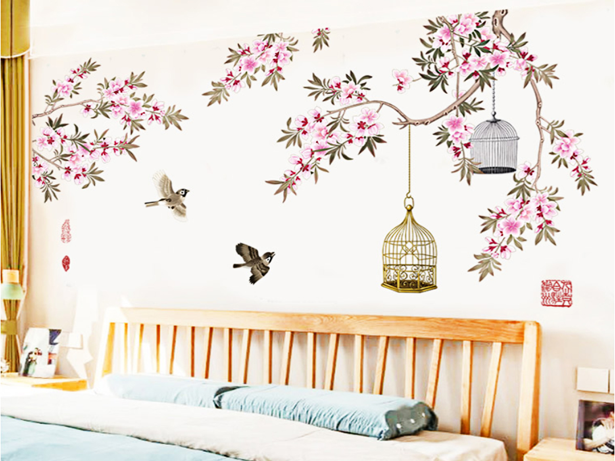 Decal Cành hoa đào và lồng chim