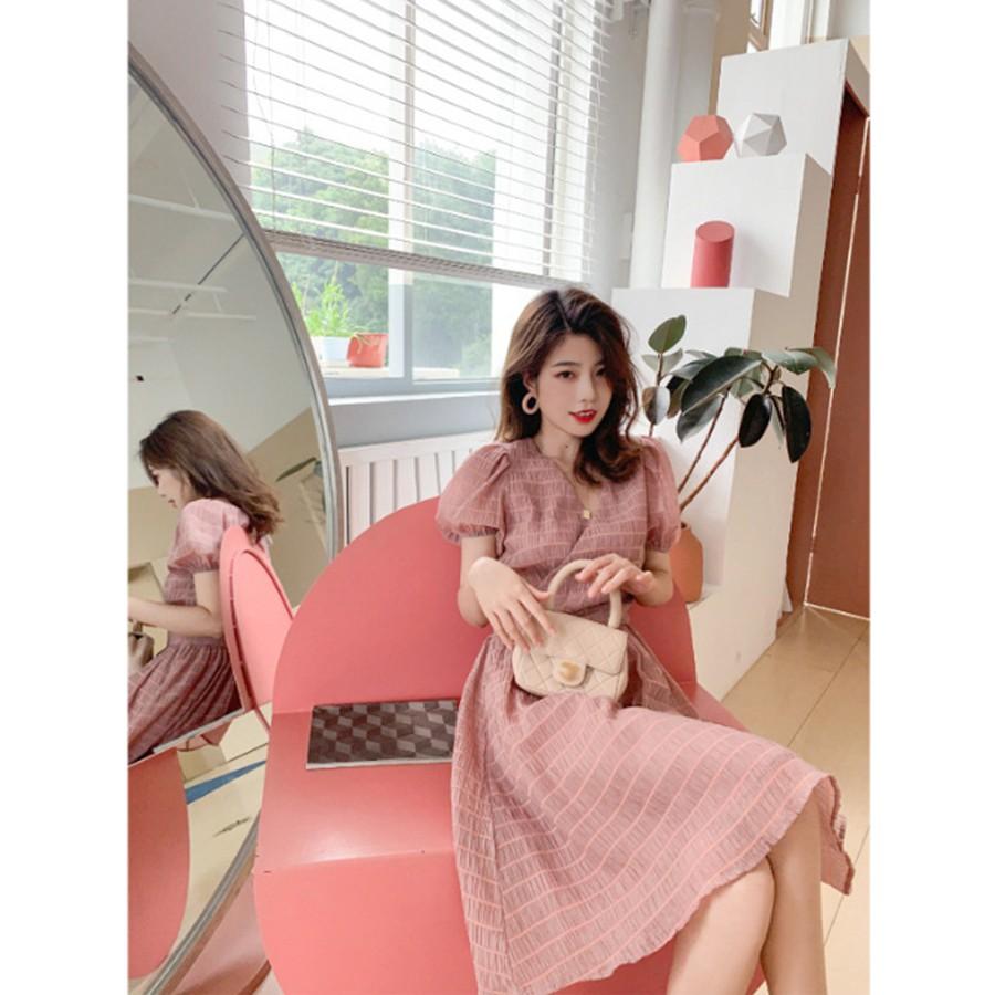 Đầm vải nhún cột nơ sau màu HỒNG & XANH