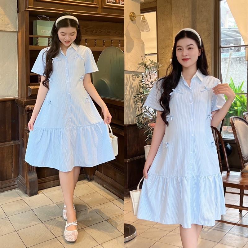 Đầm bầu công sở vải sọc cotton hàn cổ sơ mi đính nhiều nơ xinh Váy Bầu Dễ Thương - Xanh nhạt