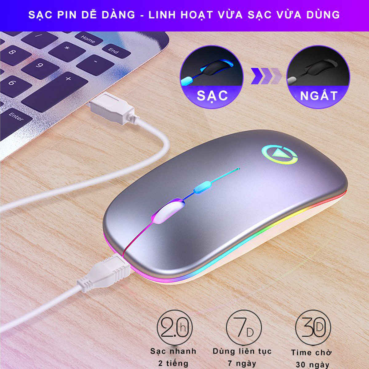 Chuột Không Dây Bluetooth SEASY A2 Sạc Pin, Chống Ồn, Chế Độ Kép Wireless Usb 2.4Ghz, Hiệu Ứng Đèn Led RGB- Hàng Chính Hãng