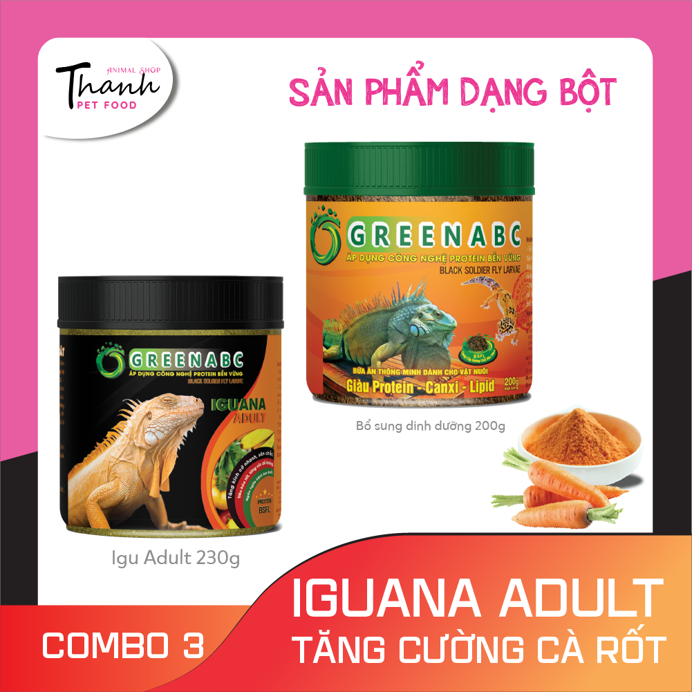 Thức ăn bò sát Iguana Trưởng Thành nhãn GREENABC vị cà rốt dùng cho Iguana từ 1m trở lên – Gai bung, gù cao, dáng đẹp, lên màu tươi - Hộp 230g