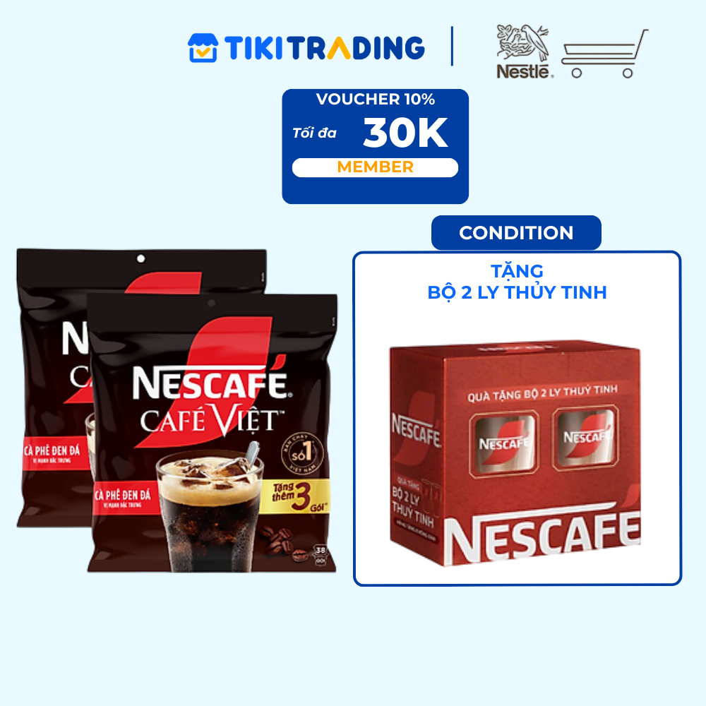 [ Tặng 1 Ly nhựa cao cấp 750ml] Combo 2 Bịch Cà phê đen hòa tan NESCAFE Café Việt (Túi 35 gói x 16g)