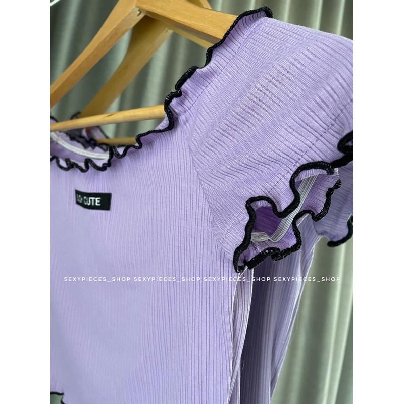 top tím trễ vai viền đen