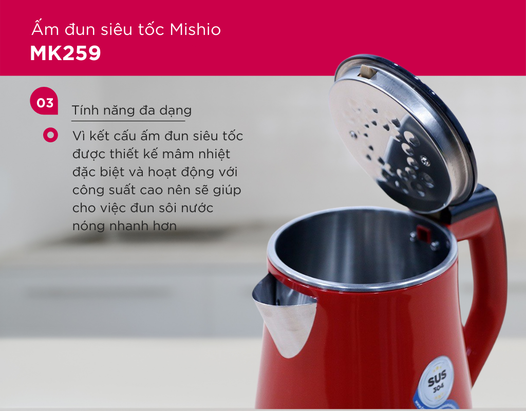 Ấm Đun Siêu Tốc Mishio MK259 1500W 1.7 Lít inox 304 - Hàng chính hãng