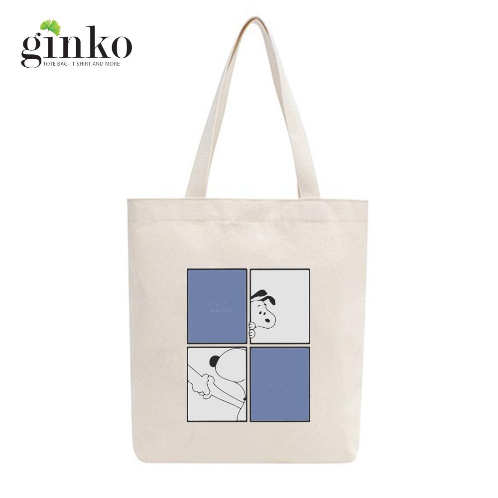 Túi tote vải mộc GINKO basic có dây kéo khóa miệng túi đựng vừa laptop 14 inch và nhiều đồ dùng khác in hình Snoopy and Friends M103