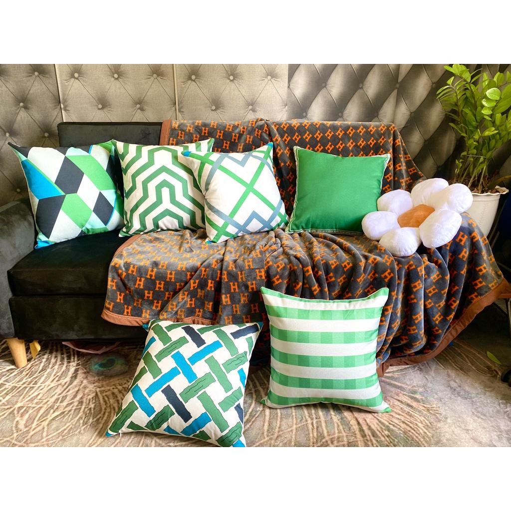Gối Sofa Họa Tiết Sọc Xanh Hiện Đại - Gối Tựa Lưng Sofa Hình Lưới Phù Hợp Cho Phòng Khách - Chất Liệu Vải Bố- Kích Thước 45x45cm