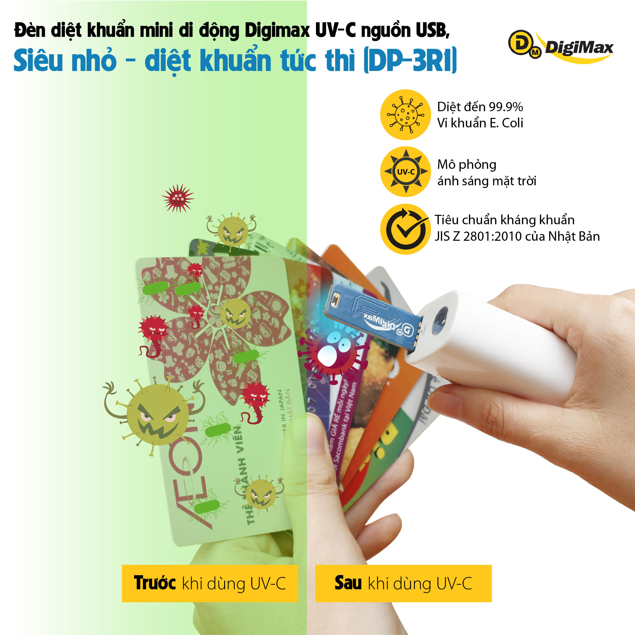 Đèn diệt khuẩn mini di động Digimax UV-C nguồn USB, siêu nhỏ - diệt khuẩn tức thì
