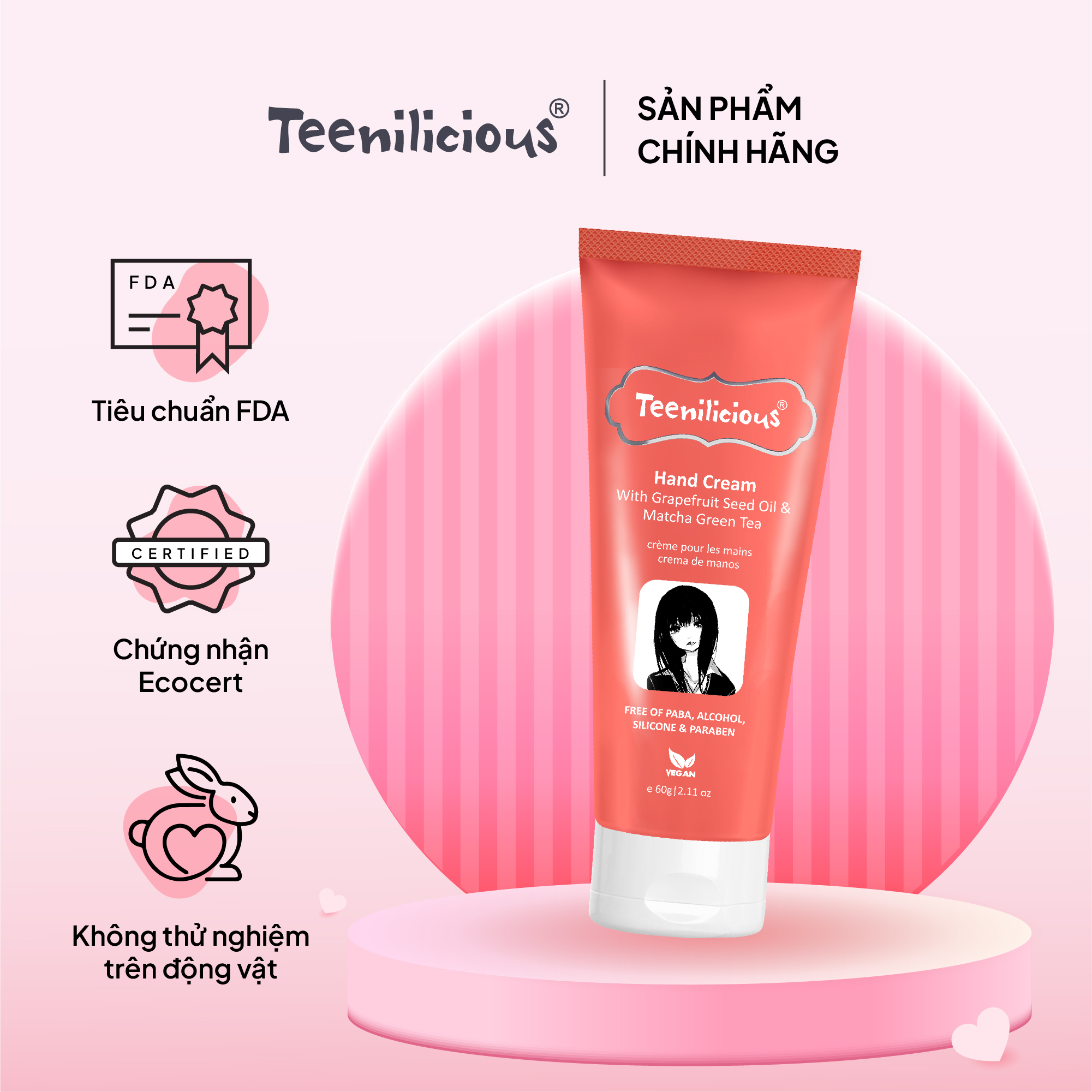 Kem Dưỡng Da Tay Teenilicious Hand Cream With Grapefruit Seed Oil & Matcha Green Tea 60g