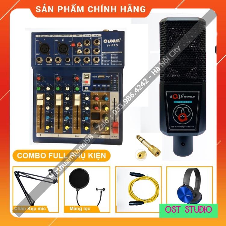 Combo Mic Thu Âm ALC AQ280 Với Mixer F4  PRO Yamaha Có Bluetooth Chân Kẹp Dây Mic 3m Dây Livestream Chế Jack 6.5