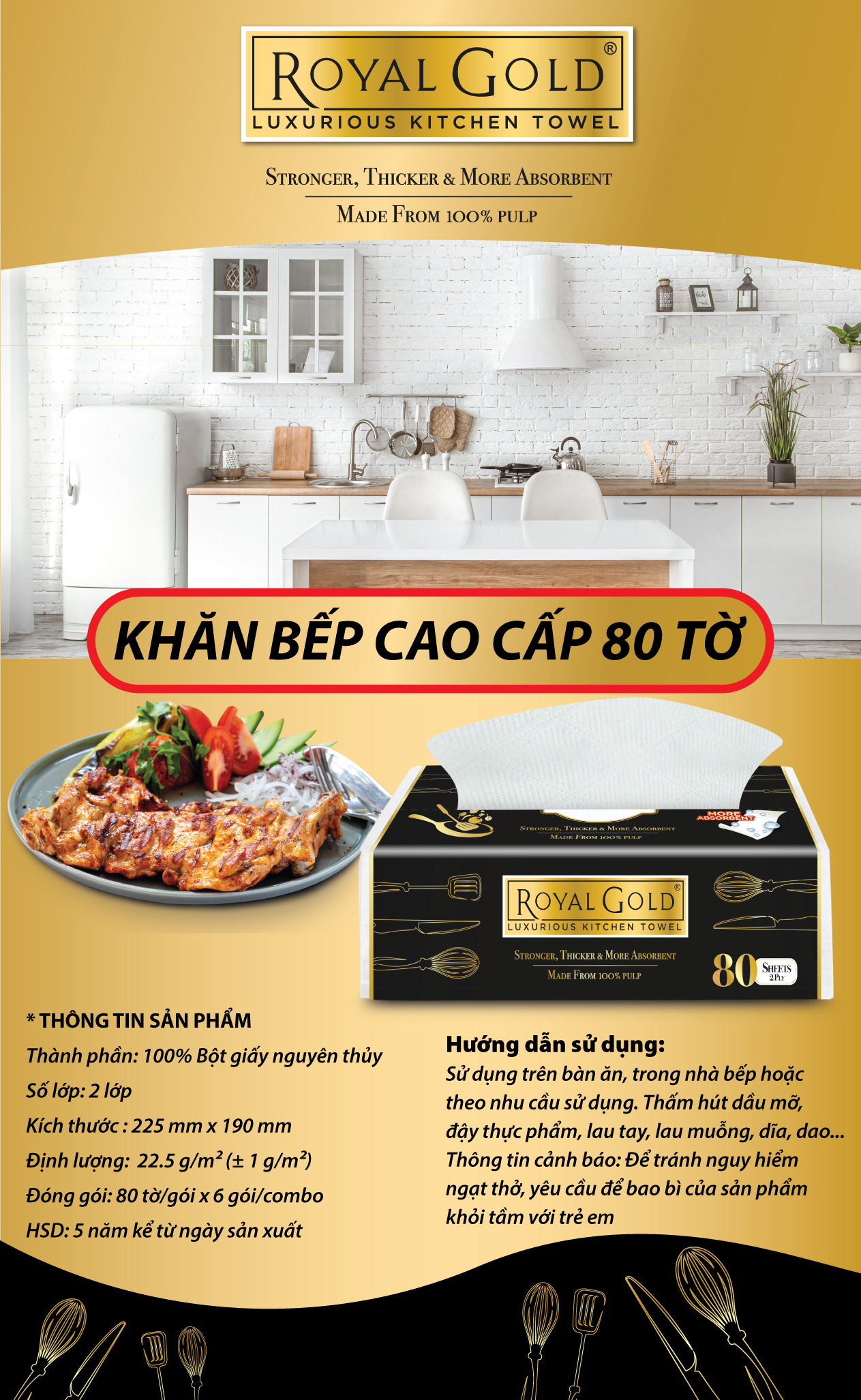 Khăn bếp đa năng ROYAL GOLD 80 tờ -  combo 6 gói (Khăn giấy rút đa năng)