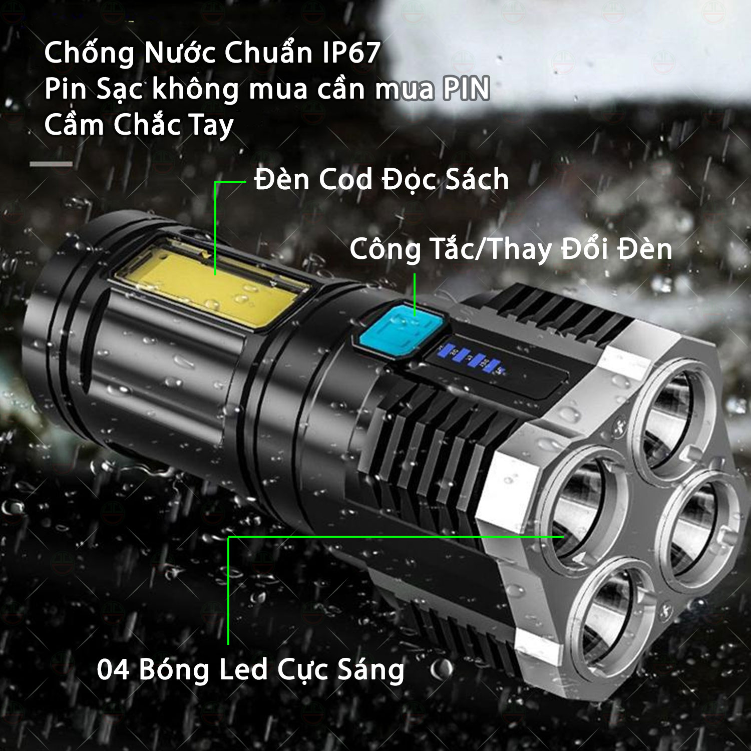 [Loại Chuẩn] Đèn Pin Cầm Tay KhoNCC Hàng Chính Hãng Chiếu Xa Cực Sáng 4 Bóng 4 Chế Độ Sạc Tích Điện, Đèn Pin Led, Kiểm Tra Nhà - Sân Vườn Buổi Tối - KLVQ-1199-4LSDN