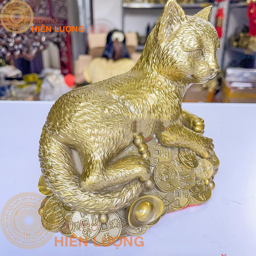 Tượng Mèo Nằm Bệ Tiền Bằng Đồng Thau Màu Vàng Kích Thước 18x12x16cm, Nặng 1,4Kg - Quà Tặng Cho Năm Quý Mão