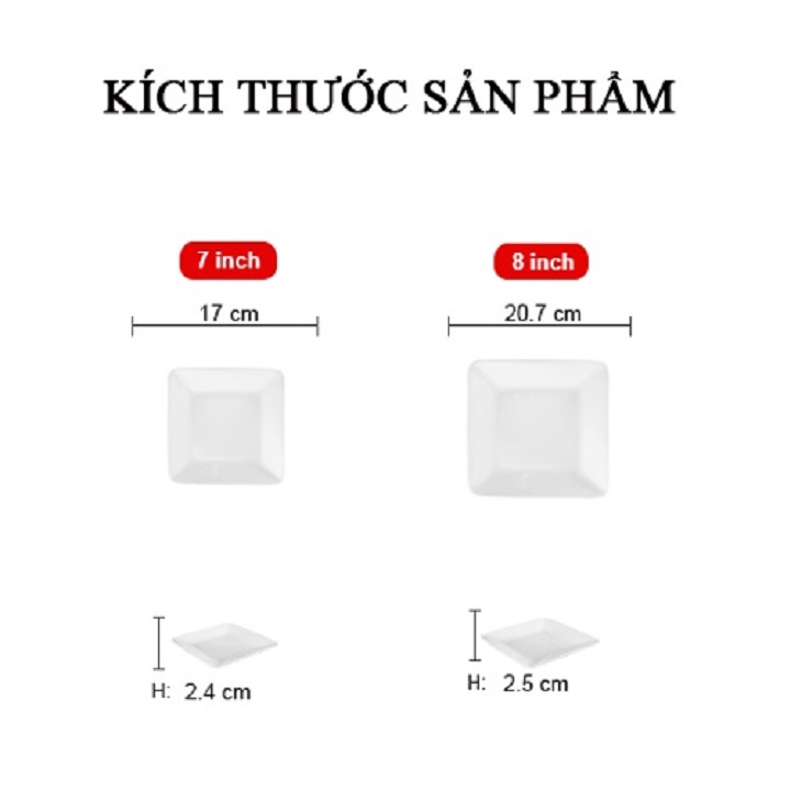 Đĩa sứ trắng vuông cao cấp Long Phương nhiều kích cỡ