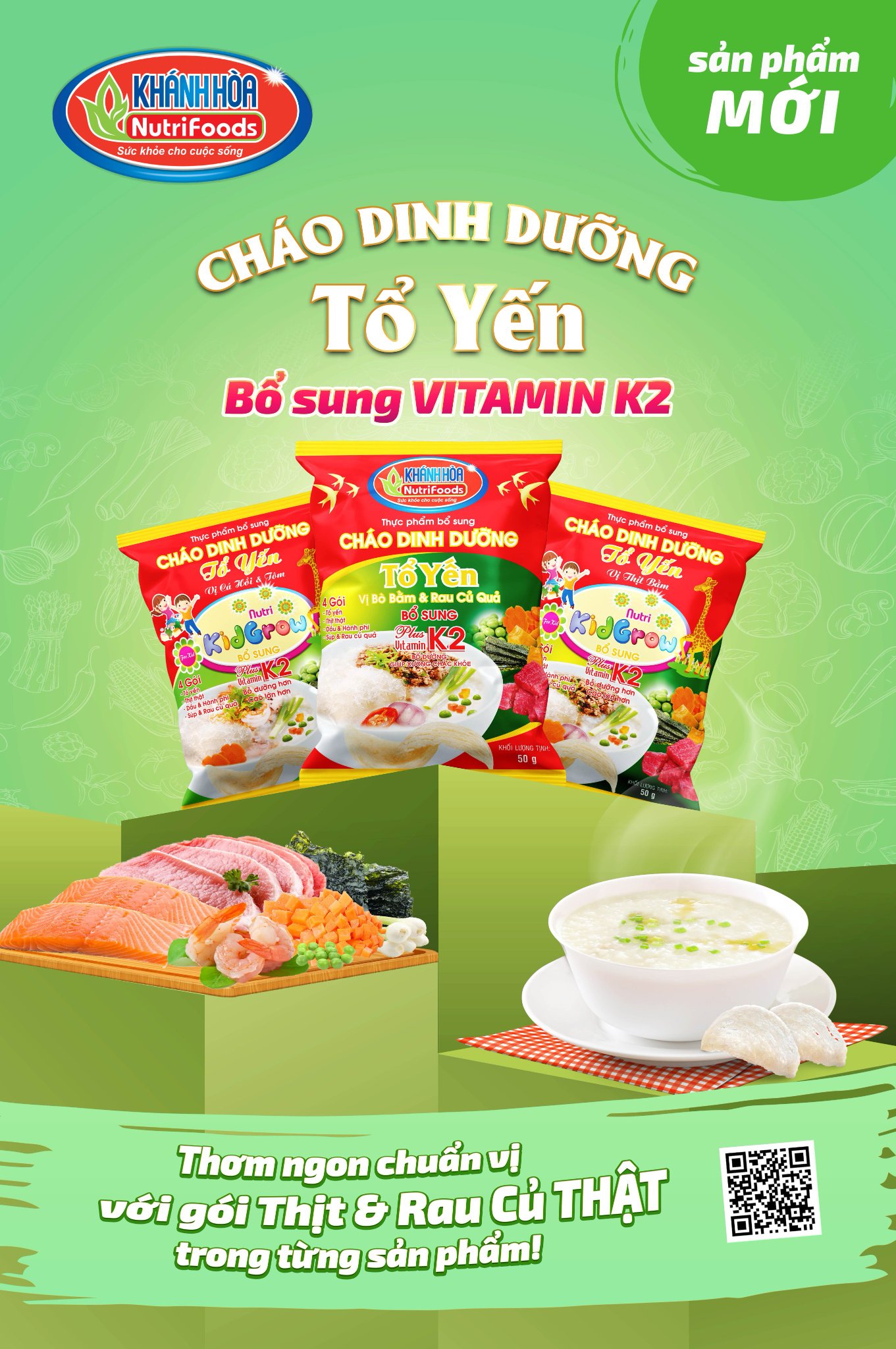 Cháo Dinh Dưỡng Tổ Yến Nutri Kidgrow Vị Cá Hồi &amp; Tôm Bổ Sung Vitamin K2 - Khánh Hòa Nutrifoods -Gói 50 Gram / Thùng 30 Gói