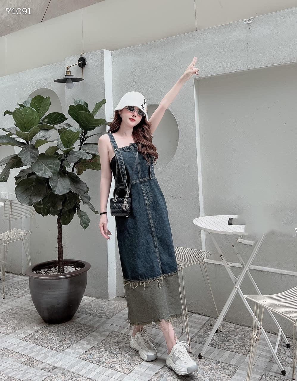 ĐẦM YẾM MIDI DÀI 2 DÂY SUÔNG TRƠN XẺ TÀ JEANS / DENIM DẠO PHỐ ĐI BIỂN ĐI TIỆC ĐI CHƠI ĐI HỌC