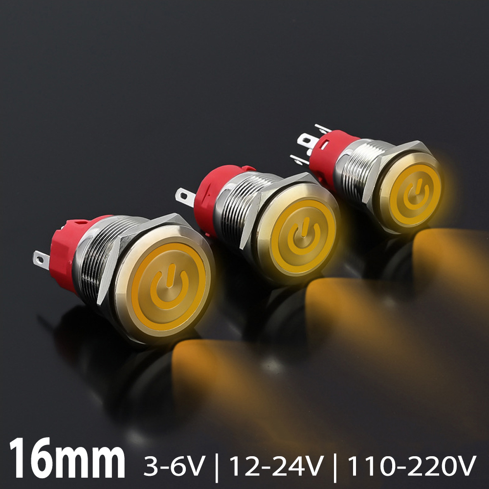 Nút công tắc nguồn nhấn Tự Khóa 16mm Vỏ INOX chống nước, Biểu tượng Nguồn LED