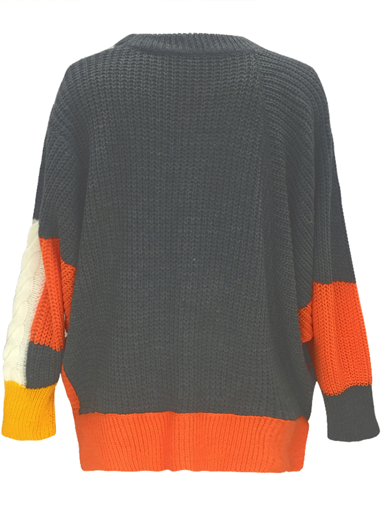 Women Knitted Sweater Color Block Batwing Sleeve Ribbed Splits Twist Autumn WinterCasual Loose Pullover