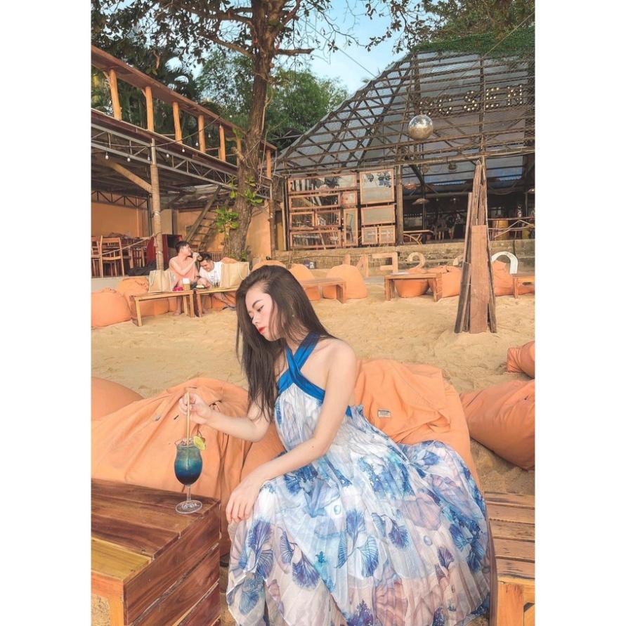 Đầm váy Maxi voan Dập Ly Hoa Xanh Trắng cổ yếm hở lưng suông dài ivy fashion đi biển dự tiệc dạo phố bigsize gợi cảm