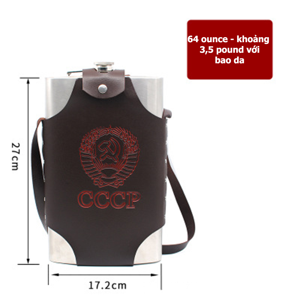 Bình Inox Đựng Rượu CCCP Truyền Thống Dung Tích 2.0L Dày 0,6 ly - 64OZ , Kèm Bao Da Phong Cách.